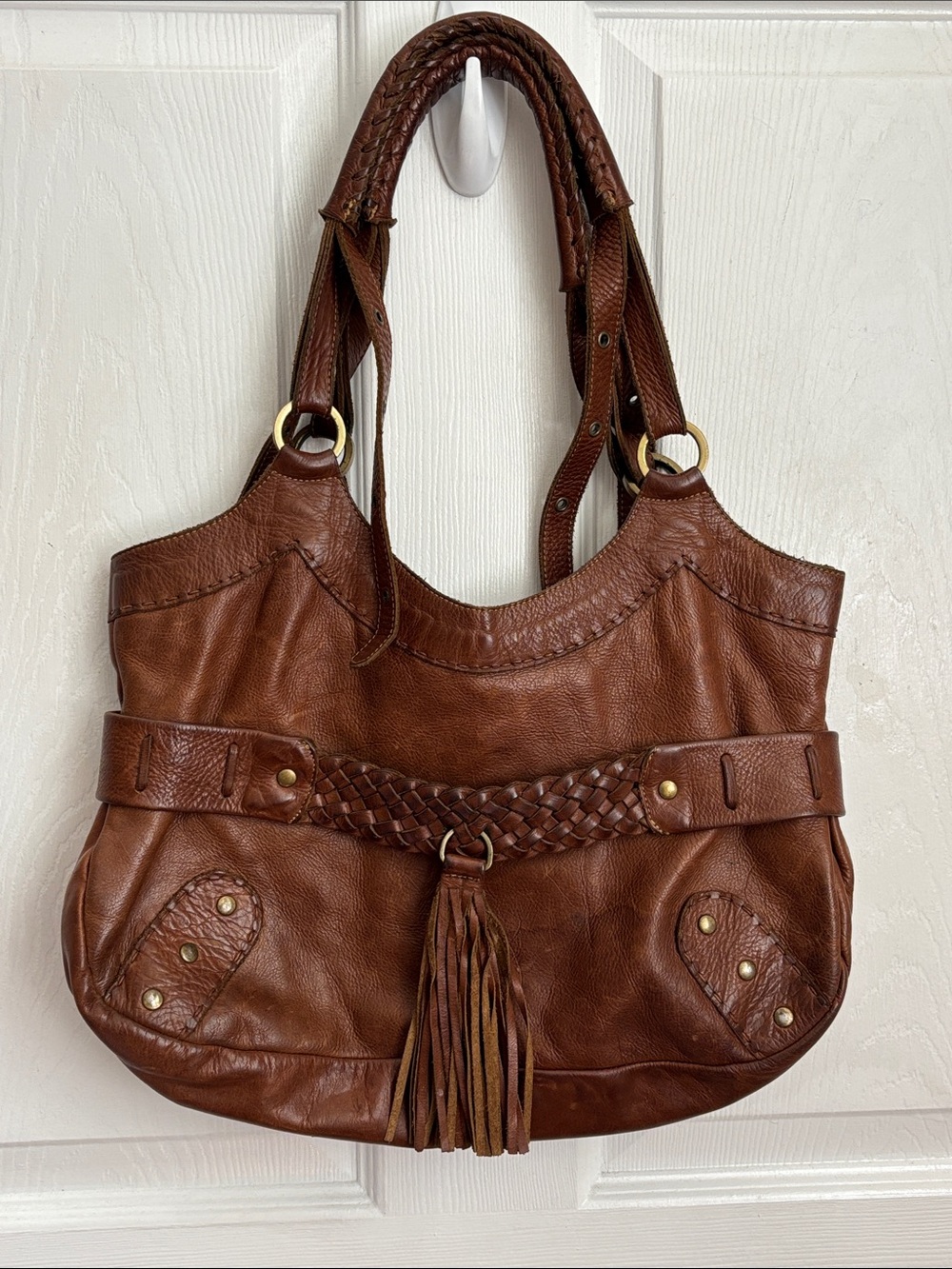 Carla Mancini Braided Tassel Shoulder Bag in Rich Cognac Brown Leather Boho Bag